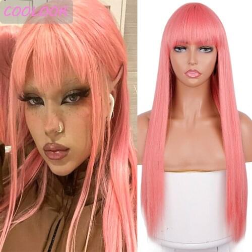 Silky Straight Pink Wigs for Black Women Synthetic Light Pink Wigs with Bangs Heat Resistant Fake Hair Lolita Wig Peruca Cosplay