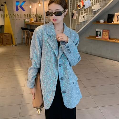 2020 Autumn Winter Women Sequins Blazer Jacket Single Breasted Fashion Design Lapel Suit Jacket Ladies Loose Chic Blazers Coat