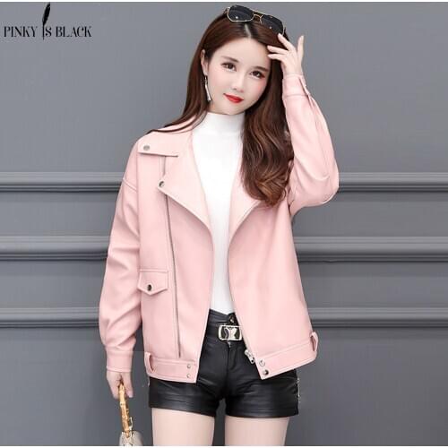 PinkyIsBlack Spring Autumn Leather Jacket Women Turn Down Collar PU Motorcycle Zipper Jacket Female Loose Leather Coat Outerwear