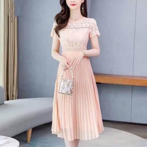 Pleated Korean High Waist Dress Female 2021 Summer New Mid-Length Fashion Chiffon Slim Dress O-Neck Short Sleeve Vestidos zh744