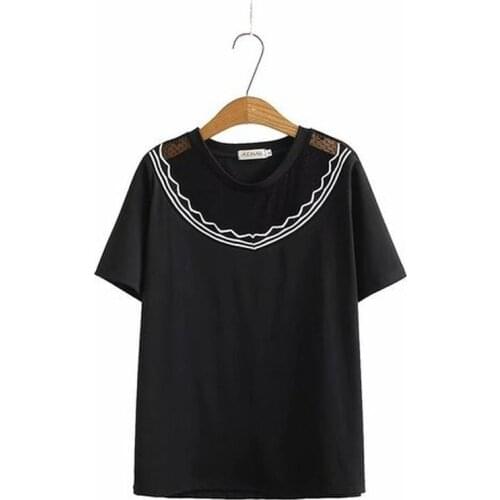 Plus Size Womens Black Summer T-shirts Casual Embroidery Tops Oversized Female A-line Tee