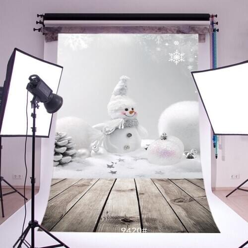 Christmas Backdrop Snowman White Balls Heavy Snow Bokeh Snowflakes Rustic Stripes Wood Board Winter Background Happy New Year
