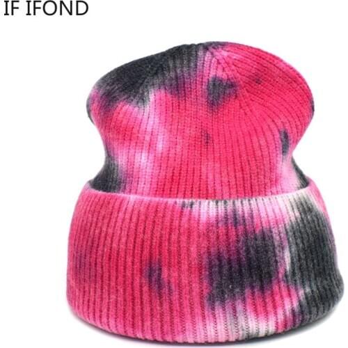 2021 New Tie dye Beanie Hat Women Winter Knitted Warm Skullies Beanies Casual Outdoor Ski Cap Gorros Female Cap