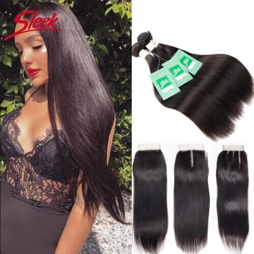 Sleek3 Bundles With Closure Brazilian Human Hair Straight Bundles With Silk lace Closure Natural Color Remy Hair Extension