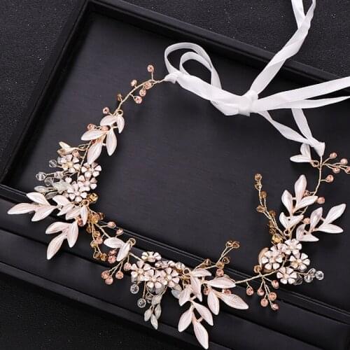 Vintage Handmade Gold Wedding Headband tiara Crystal Pearl Leaf Flower Bridal Hair Jewelry Headpiece Wedding Hair Accessories