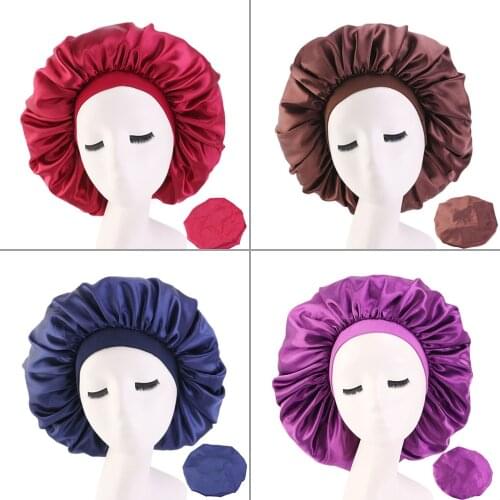 Fshion Women Satin Night Sleep Cap Hair Bonnet Hat Silk Head Cover Wide Elastic Band Shower Cap Household Tool