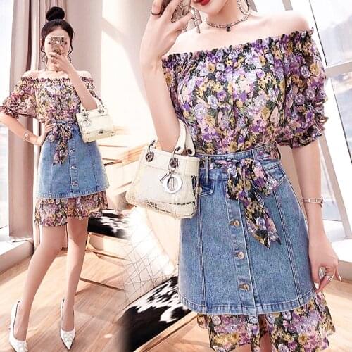 Ladies Fashion Summer Clothes Two Piece Set Women Chic Off Shoulder Slash Neck Printed Long Shirt Mini A-line Denim Skirt SL380