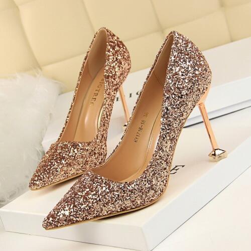 Spring Autumn Women Shoes Pointed Toe Pumps 9.5CM Thin Heels Wedding Dress shine Sequins Sexy High Heels Boat Shoes