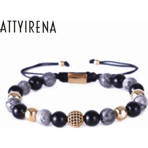 ATTYIRENA Natural Stone&Micro Pave Black CZ Bead Bracelets For Women Men Charm Braiding Macrame bracelet pulsera femme jewelry