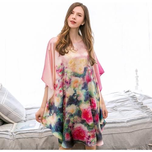 Ladies 100% Silk Robe Sleepshirt Female Silk Sleepwear for Women Over Size Nightgowns Round Neck 16m/m Real Silk Sleeping Robe