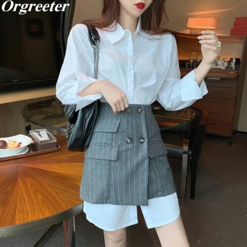 Korean Fashion Suit Two Piece Set Women Ruched Long Sleeve Long Shirt Dress + Buttons Mini Skirts Casual Plaid 2 piece Dress Set
