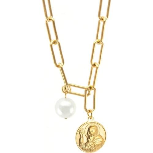 Saint Benedict Women Necklace Natural Shell Pearl San Benito Chunky Chain Stainless Steel Heavy Duty Chain Choker Collier Collar