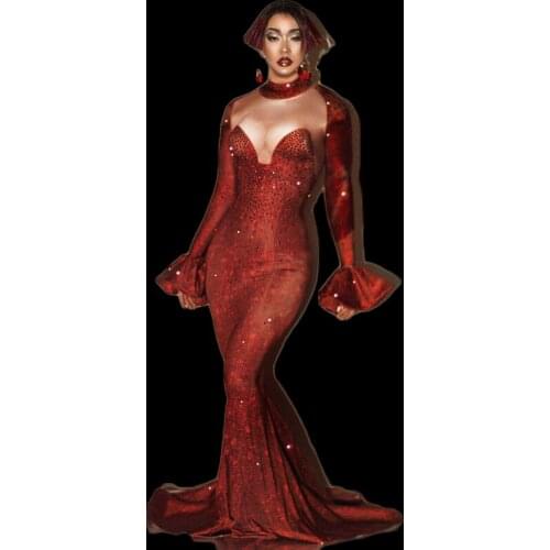 Women Evening Party Rhinestones Mermaid Dress Birthday Celebrate Dresses Red Crystals Skinny Long Dress Stage Outfits DN6355