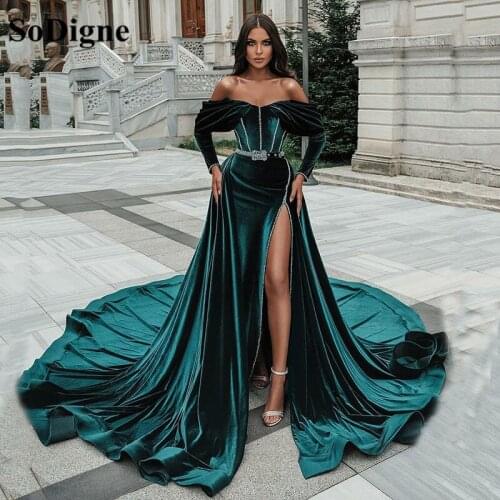 SoDigne Green Evening Dress With Beads Belt Long Sleeve Side Split Morocco Kaftan Velvet Prom Dresses Long Party Gowns