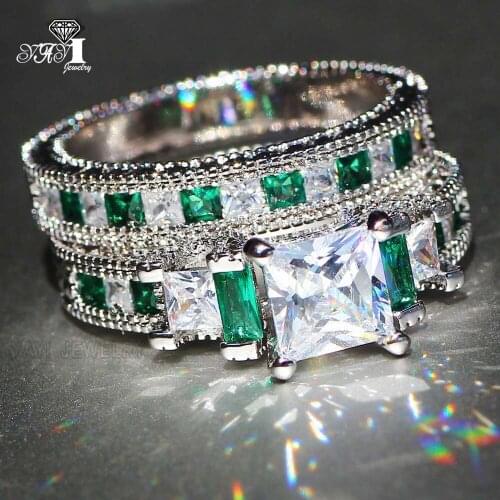 2pcs YaYI Jewelry Fashion Princess Cut 8*8mm Green Cubic Zirconia Silver Color Engagement Wedding Party Couples Rings
