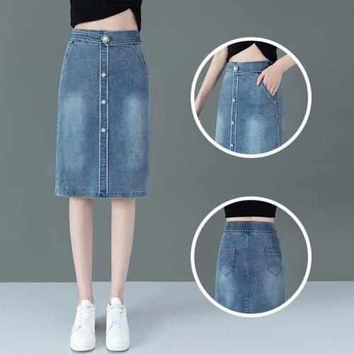 2021 Women Spring Elegant Denim Skirt Female Single Breasted Package Hip High Waist Faldas Lady Solid Plus Size Denim Skirt K280