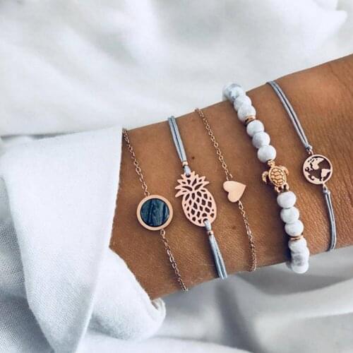 5Pcs/Set Creative Pineapple Turtle Turquoise Bracelet Pendant Love Map Rope Chain Braided Bracelets for Women Hand Jewelry