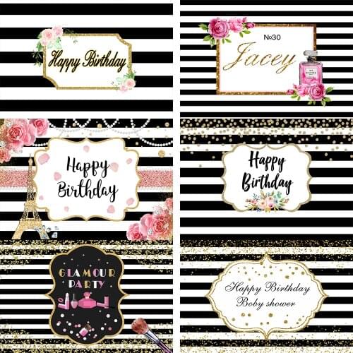 White and Black Stripes Happy Birthday Background for Photography Bokeh Flowers Perfume Backdrop for Adult Birthday Banner Props