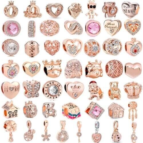 Free shipping wholesale 50pcs/lot( each design one) pink rose gold european mix diy bead fit women pandora charms bracelet M001