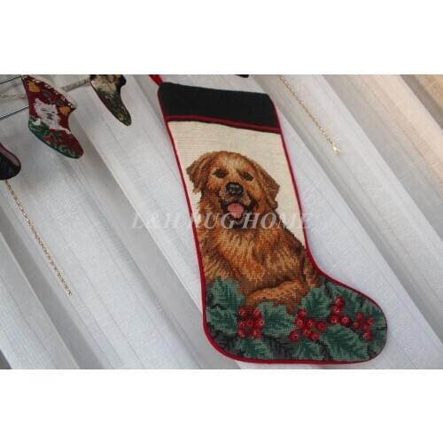 Free Shipping Christmas Needlepoint Socks Hand knotted Merry Christmas Stocking Sock Cute Dogs Design Stocking Socks 28X43CM