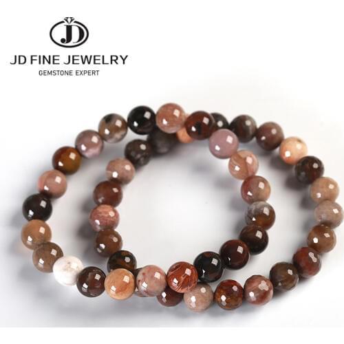 JD Natural Petrified Wood fossilized Stone Bracelet 6/8/10/12mm Wood Fossil Elastic Bracelet Coffee Round Stone Bracelets