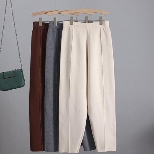 GIGOGOU Knitted Thick Warm Pants Vertival Striped Women Harem Pants Autumn WinterSolid Peg Leg Fly Pants Workwear Carrot Trouser