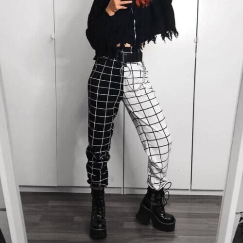 2020 Fashion Womens Jogger Pants High-Waist Trousers Patchwork Plaid Casual Loose Slimming Wear Female Sports Bottoms