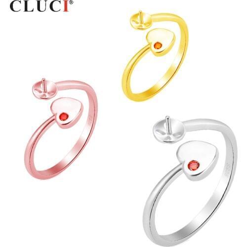 CLUCI 925 Sterling Silver Rose Gold Heart Ring for Women Silver 925 Pearl Ring Mounting Adjustable Zircon Ring SR2162SB