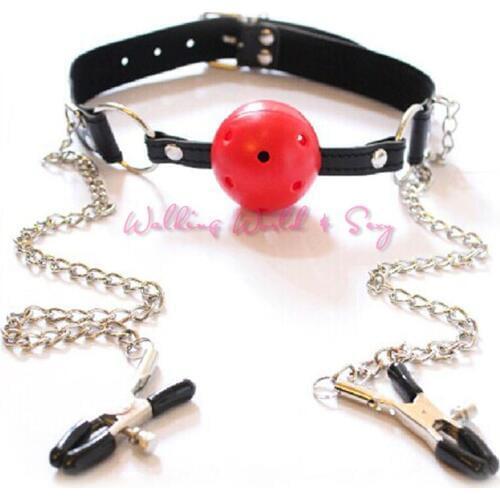 Breathable Ball Mouth Gag + Nipple Clamps Mouth Plug Gag Nipple Stimulation Massage Fetish Adult Sexy Toys For Couple Flirting