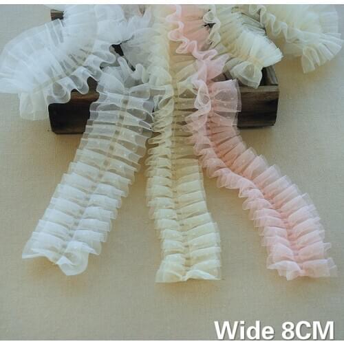 8CM Wide Luxury Double Layers Wave Point 3D Pleated Lace Ruffle Trim Collar Embroidered Ribbon DIY Wedding Veil Clothing Sewing