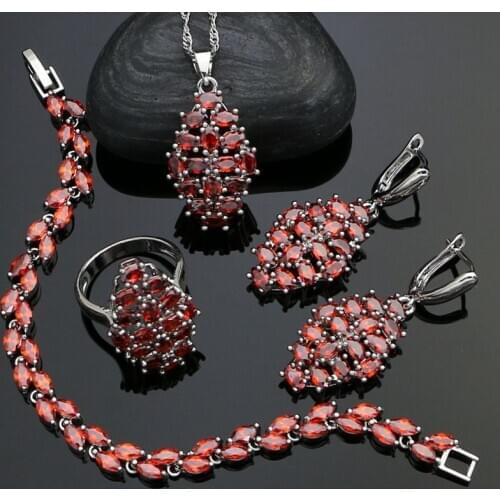Sweet 925 Silver Bridal Jewelry Sets for Women Red Stone Cubic Zirconia Earrings/Pendant/Necklace/Ring/Bracelet