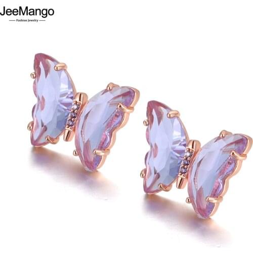 JeeMango Fashion 316L Stainless Steel White/Purple Cubic Zirconia Butterfly Animal Earrings For Women CZ Crystal Earring JE20134