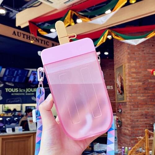 New Kawaii Sweet Ice Cream Water Bottle With Straw Summer Plastic Water Bottle With Strap Adult Kids Leakproof Popsicle Cups