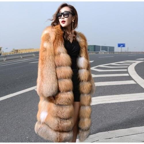 2021 New Russia Style Women Winter Natural Red Fox Fur Coat Fluffy Warm Wholeskin Sleeve Long Fur Jacket Outwear For Ladies