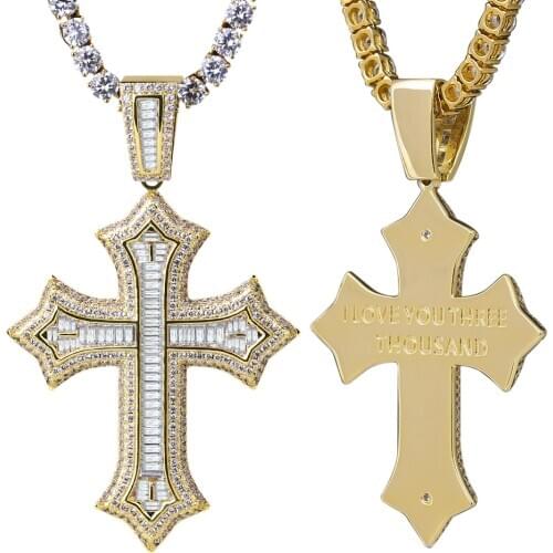 DNSCHIC Hip Hop Cross Pendant Necklace I LOVE YOU THREE THOUSAND Baguette Bling Iced Out Mens Rapper
