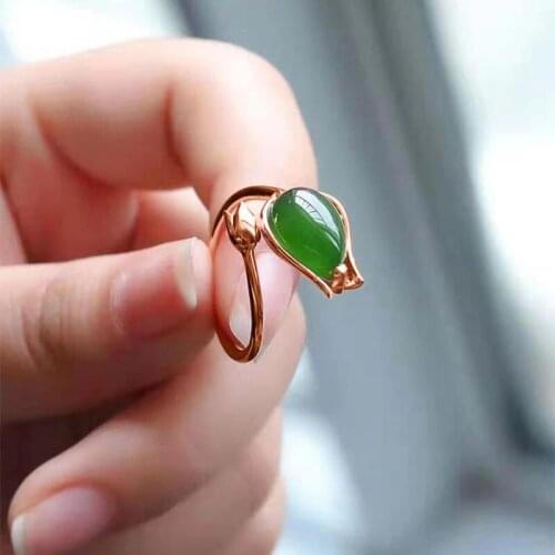 Natural Hetian magnolia flower opening adjustable ring Chinese style retro design charm womens Christmas gift