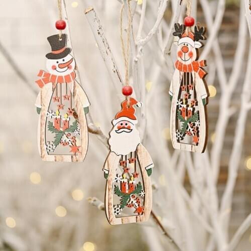 Christmas Tree Decoration Hanging Wooden Hollow Santa Snowman Reindeer Carve Pendant Ornaments Party Favors LX2346