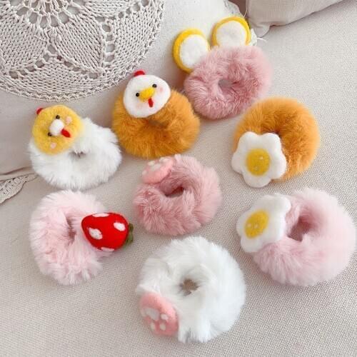 Pink White Yellow Fluffy Bear Paw Ear Egg Strawberry Chicken Cloth Elastic Hair Bands Ponytail Holders Headwear for Women & Kids