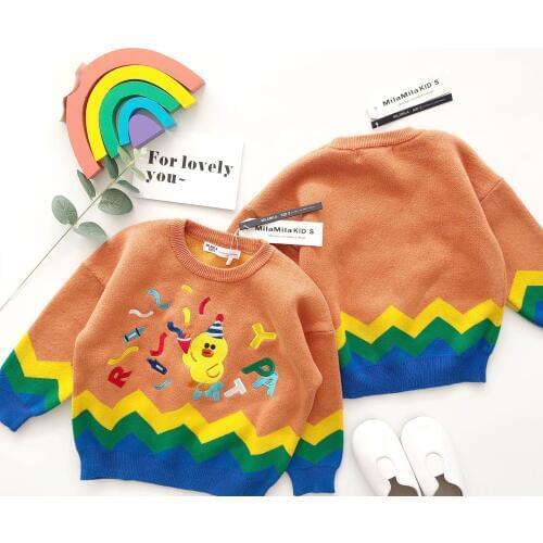 Tonytaobaby Autumn and Winter Wear New Style Baby Boys and Girls Wear Rainbow Sweater Ducklings Orange Sweater