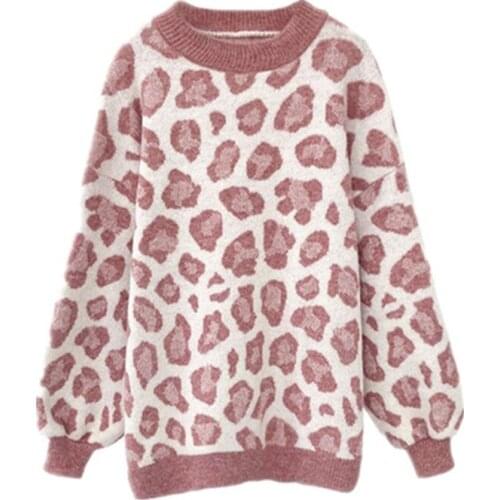 Sweater Womens Languid Style Lantern Sleeve Leopard Print Pullover Over New Loose Fashion Crew Neck Sweater Fall Winter 2020