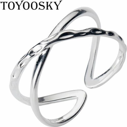 TOYOOSKY Newest 925 Silver Double Layer X Shape Cross Open Ring Contracted Simple Adjustable Finger Rings for Women Girls