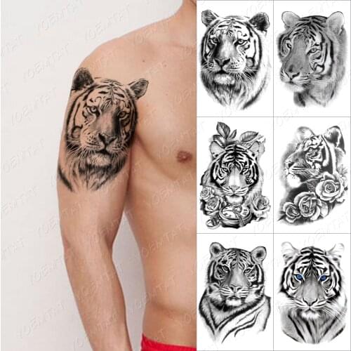 Temporary Tattoos Tiger Flowers Wolf Tatto Sticker For Men Women Lione Fox Waterproof Fake Henna Skull Animal Body Art Tatoo