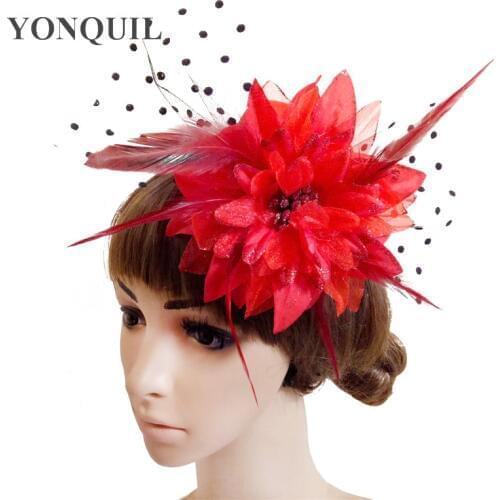 Women Girl Hair Clip Lace Feather Mini Top Hat Fascinators Fancy Party Dress Fabric Flower DIY Hair Accessories 6 Colors FS81
