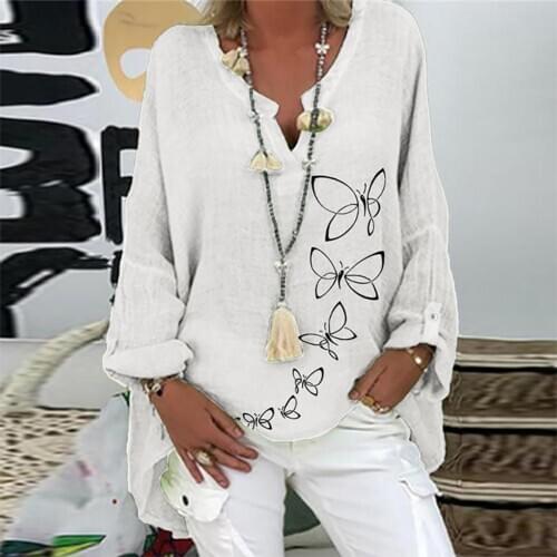 Women Casual Long Sleeve V Neck Butterflies Print Button Loose Blouse Shirt Top