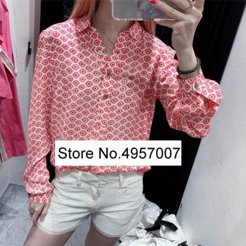 Ladies Printed Long Sleeve Lapel Viscose Buttoned Blouse Shirt Top