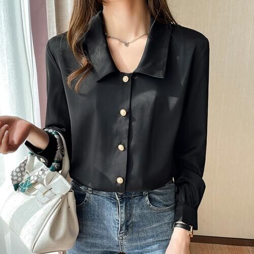 Button Office Lady Blouse Women 2021 Spring Autumn Tops Long Sleeve Turn-down Collar Chiffon Shirts Woman Clothes Blouse Femme