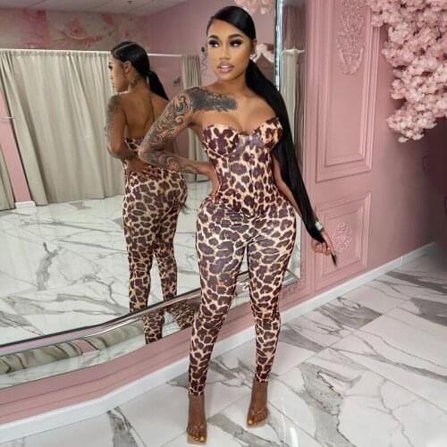 Sexy Leopard Print Two Piece Set Women Vintage Off the Shoulder Corset Irregular Top + Leggings Slim Club Party Two Piece Set