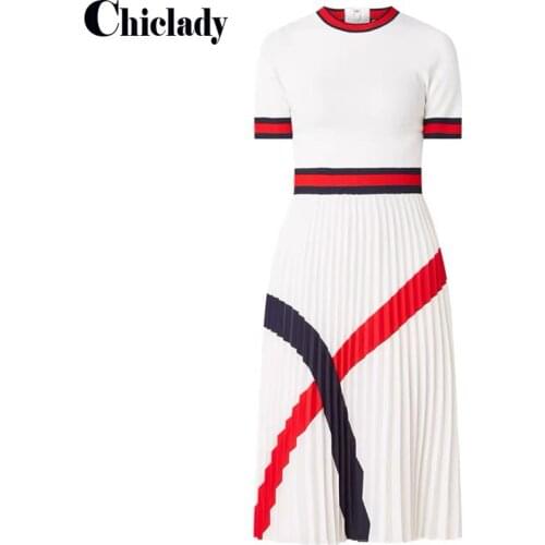 CHICLADY office lady elegant white dress for women french designer striped patchwork pleated femme dresses robe de mujer fashion