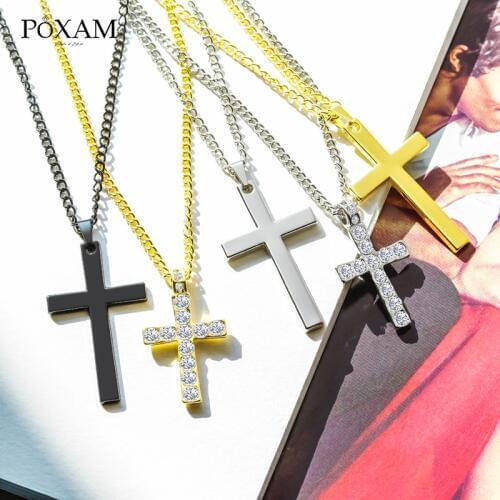 POXAM Vintage Crystal Cross Necklaces For Women Stainless Steel New Black/Gold/Silver Color Chain Pendant Necklace 2019 Jewelry