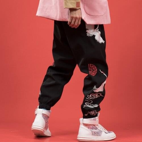 2021 Chinese Style Crane Embroidery Baggy Casual Pants Men Clothing Plus Size Vintage Joggers Male Harajuku Trousers 30195